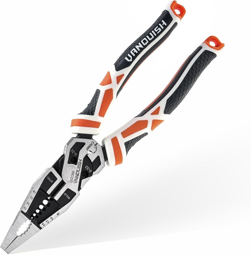 Vanquish 10-in-1 Long Nose Pliers, 8‘’ Multipurpose Combination Pliers Wire Cutter/Crimper/Stripper, CRV Steel, Heavy Duty Side-Cutting Pliers for Crimping, Stripping, Shearing, Deburring, 3239 - Image 1